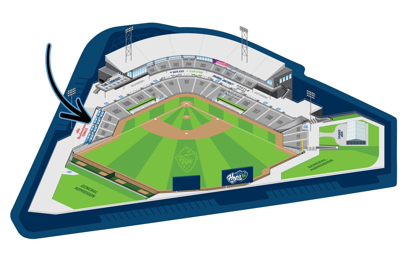 Hops Ballpark map showing Bud Box