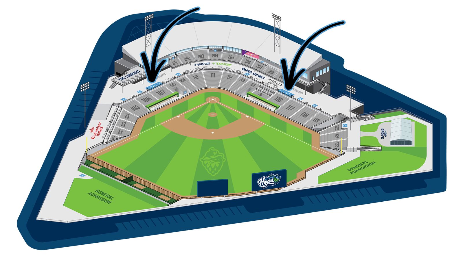 Hops Ballpark map showing Dugout Suites