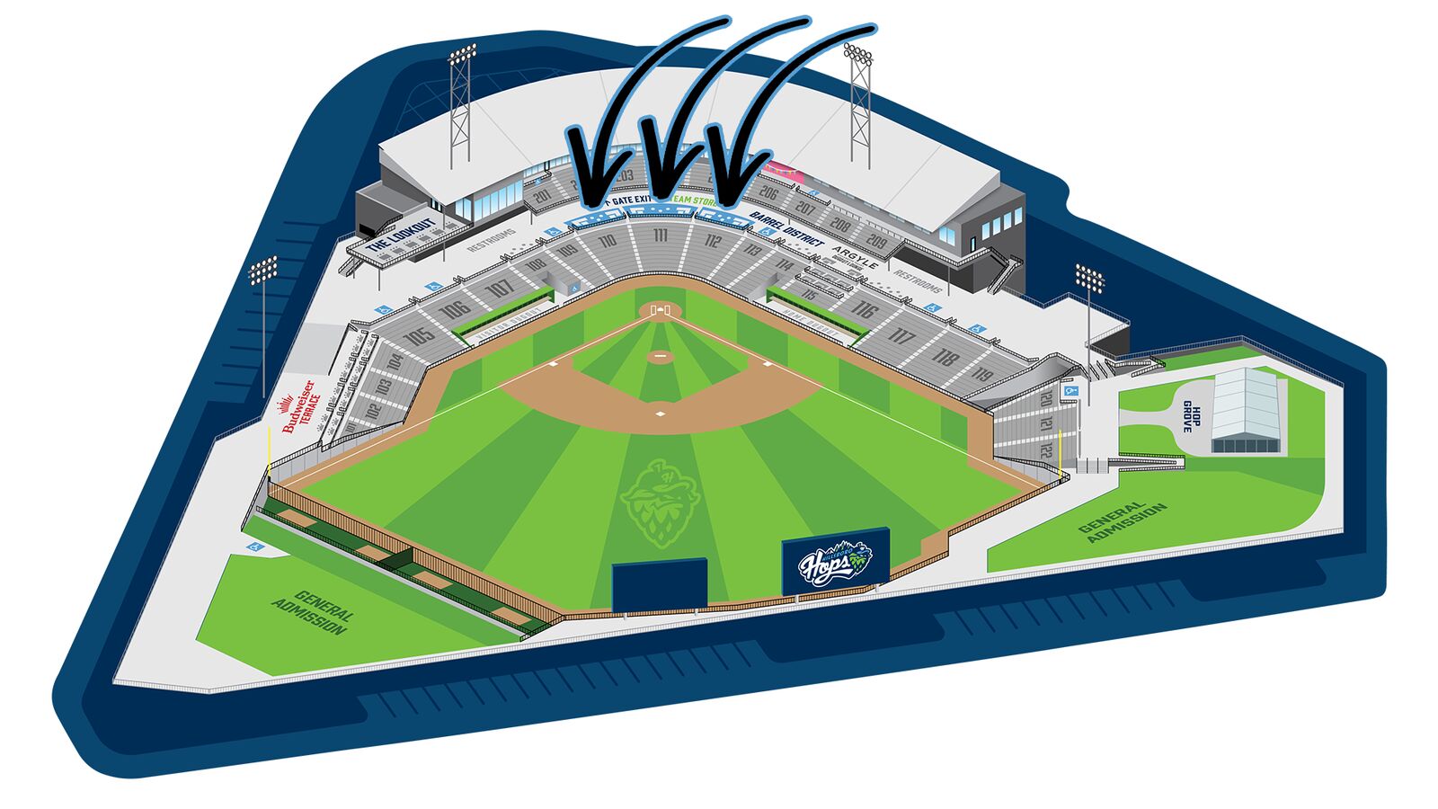 Hops Ballpark map showing Home Plate Suites