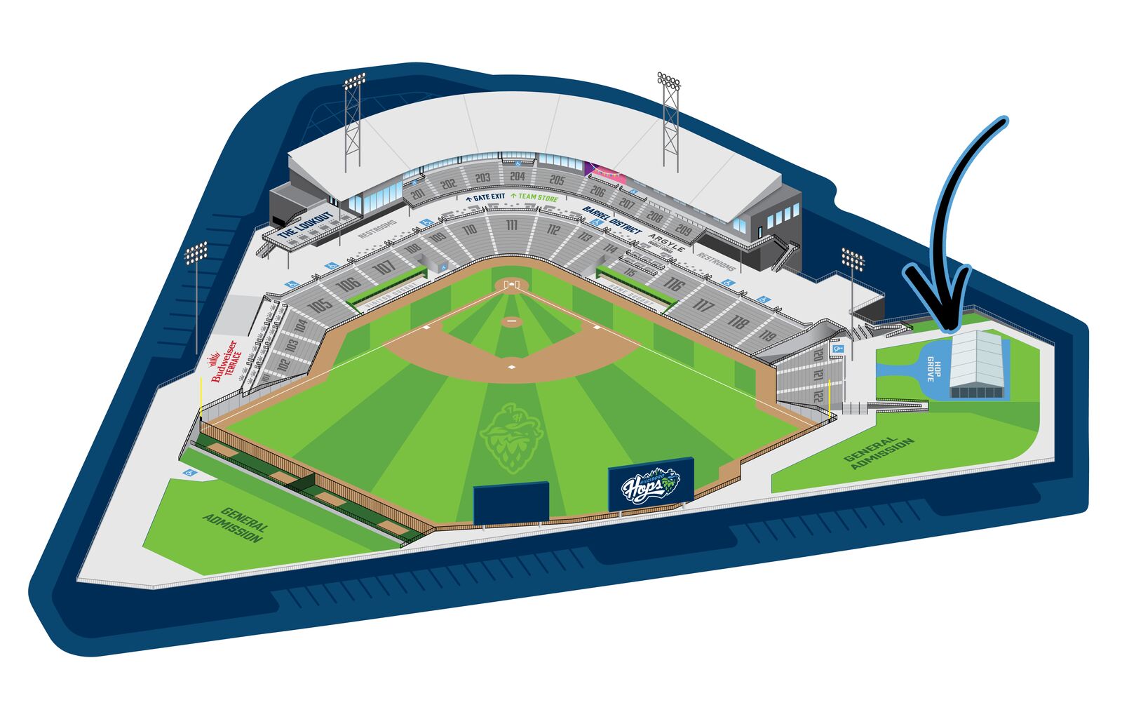 Hops Ballpark map showing Hop Grove