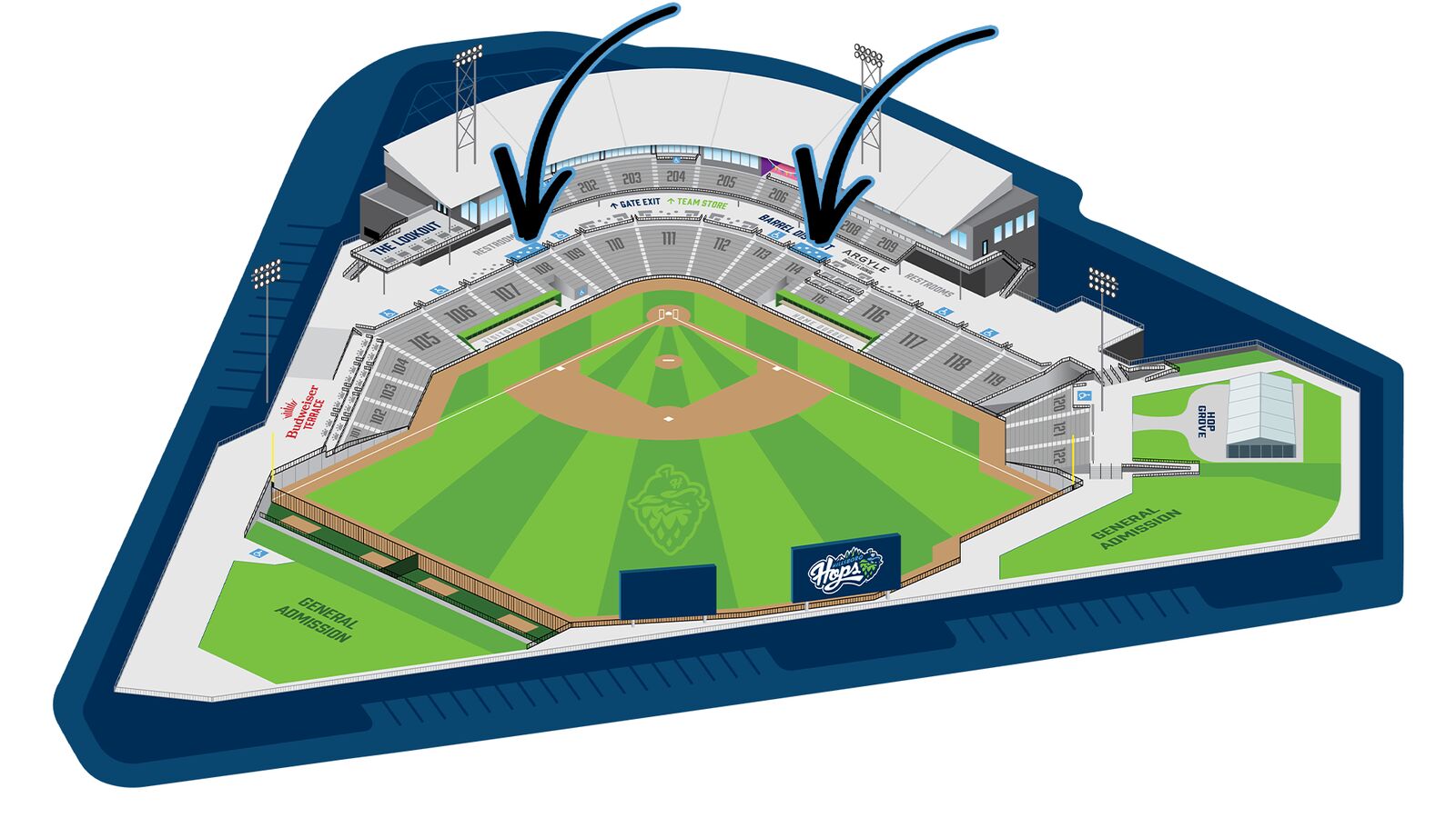 Hops Ballpark map showing Infield Suites