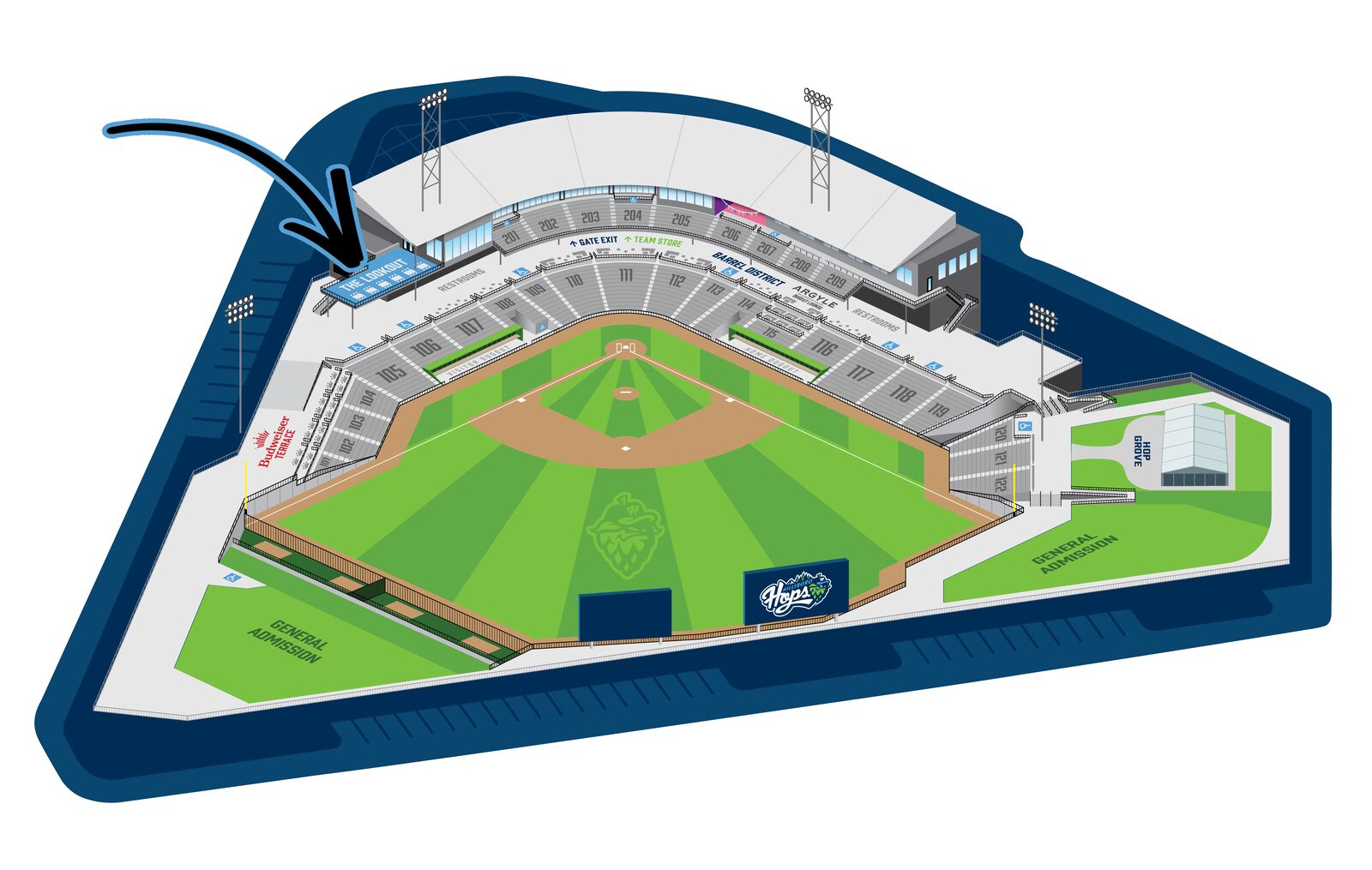 Hops Ballpark map showing The Lookout
